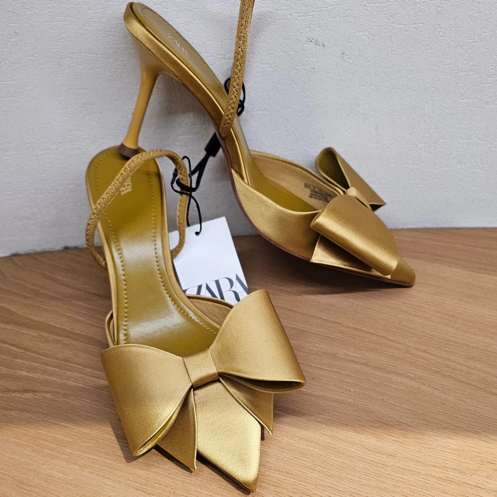 Zara Satin Slingback Heels Bow Pointed Toe Stiletto Wedding Party Sz 6.5 NWT - Picture 11 of 16